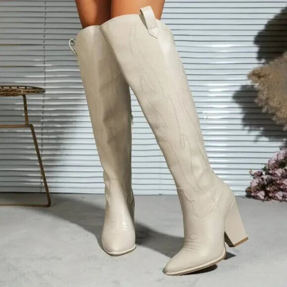 Elegant Cream Heeled Boots - Picture 2 of 5
